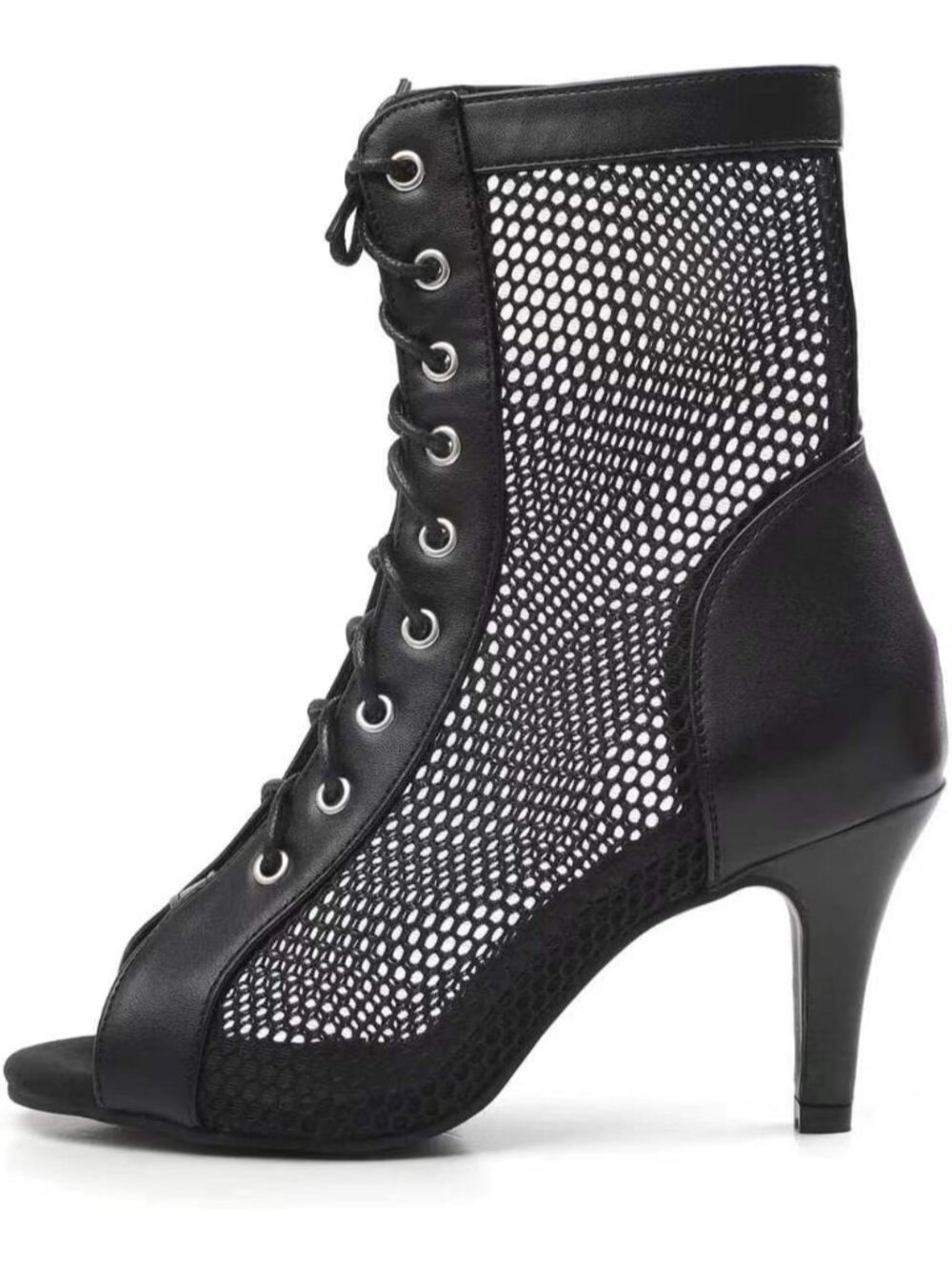 Women's Black Mesh and Faux Leather Lace-Up Peep Toe Stiletto Gladiator Sandals